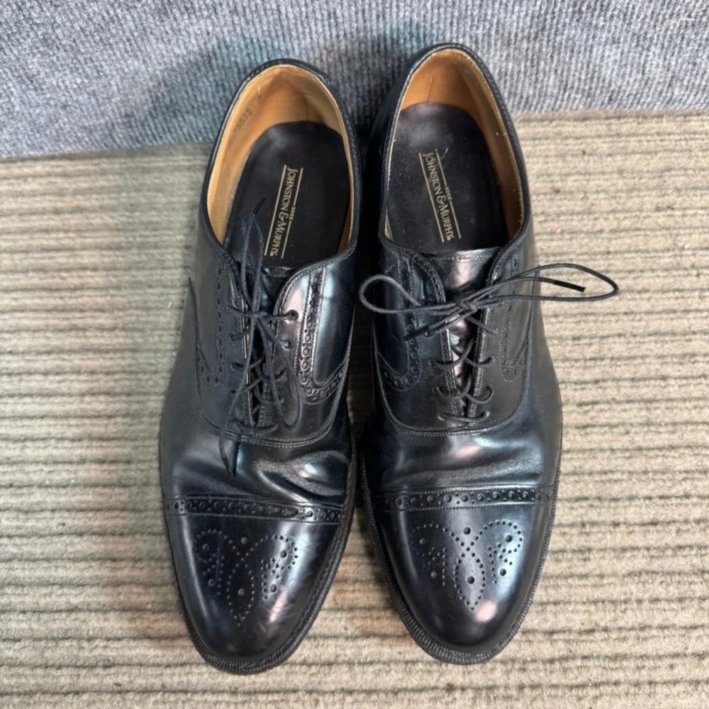 Johnston & Murphy Aristocraft Mens Black Leather Cap Toe Brogue Shoes USA 13